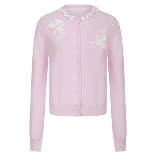 FEXATA斐格思2026春新气质优雅品丁香紫钉珠绣花针织开衫上衣女