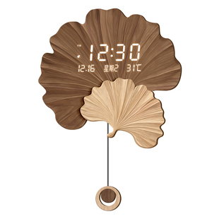 2026新款中古风客厅挂钟数显万年历电子时钟高级感银杏叶挂墙钟表
