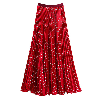 长款波点印花百褶裙半身裙