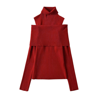 高领露肩翻边假两件秋冬针织衫