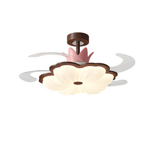 皇冠隐形风扇灯中古风胡桃木纹花朵卧室灯电扇一体灯餐厅吊扇灯