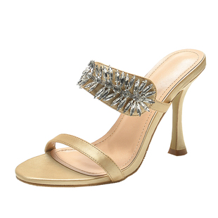 手工缝制水钻凉拖鞋女夏季外穿一字拖香槟色高跟鞋细跟性感水晶鞋