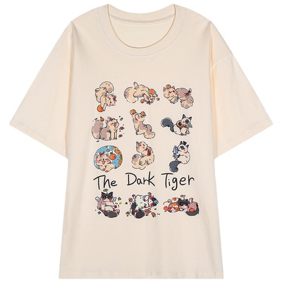 今屿花花米色印花短袖女t恤夏