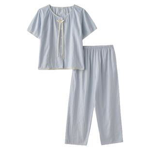 甜美小清新蝴蝶结睡衣女夏季纯棉棉布提花短袖长裤短裤家居服套装