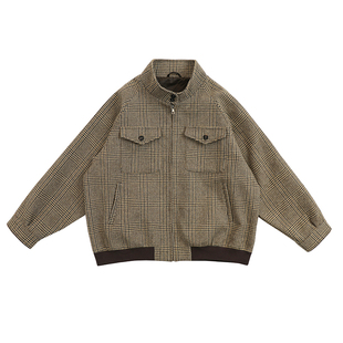 Unblank Miu同款威尔士亲王千鸟格羊毛哈灵顿夹克短款立领外套男