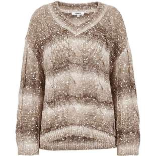 ONLY2025冬季新款宽松落肩V领时髦渐变条纹含绵羊毛毛衣针织衫女