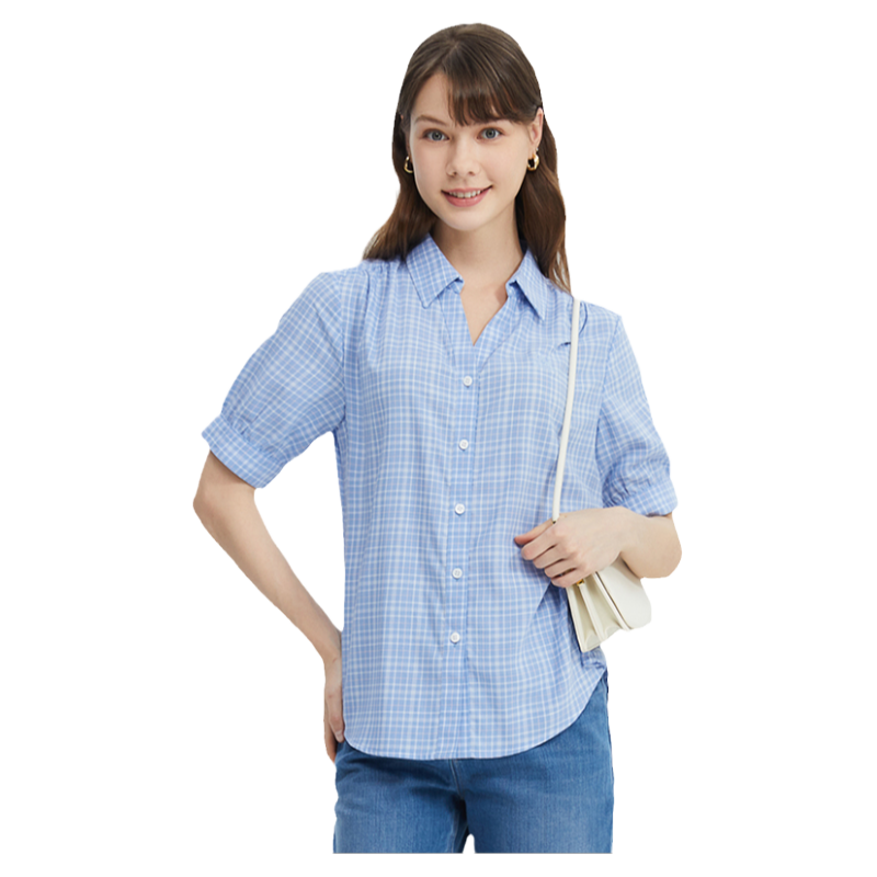 波顿女士2025春夏新款蓝白色短袖透气格子衬衫高端美式休闲衬衣