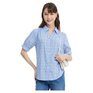 波顿女士2025春夏新款蓝白色短袖透气格子衬衫高端美式休闲衬衣