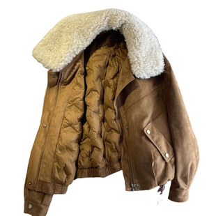 麂皮绒短款羽绒服女冬季2025新款爆款羊羔毛领设计感小众保暖外套