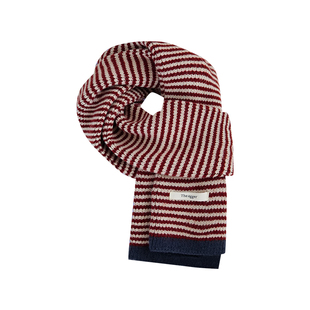素单舍西韩系红色百搭条纹针织围巾女学生秋冬保暖文艺情侣围脖潮