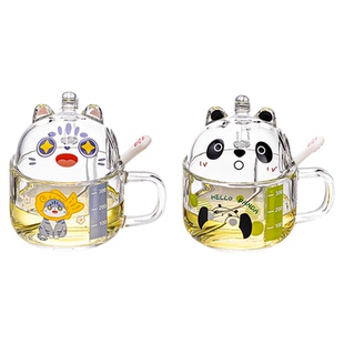 卡通早餐杯子家用高颜值牛奶刻度杯咖啡泡茶杯带勺盖把手玻璃水杯