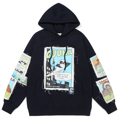 GUUKA小怪兽漫画贴布绣连帽卫衣