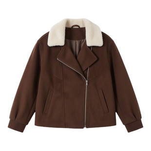 复古通勤风麂皮绒皮羽绒服女短款毛领保暖翻领加厚棕色美拉德外套