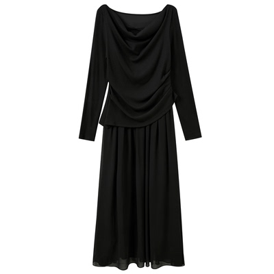 三彩【夜色未央】2026春季新款中式荡领假两件连衣裙A字裙长裙C