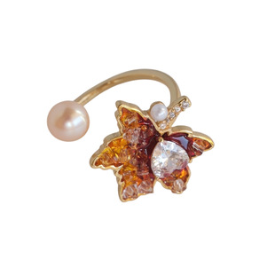 《深秋红枫》轻奢复古精致水晶树叶天然珍珠小众戒指新年可调节女