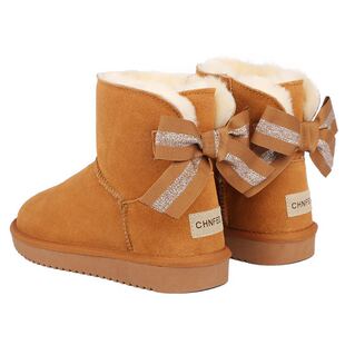 2025冬新款蝴蝶结皮毛一体雪地靴女短筒防滑真皮保暖加绒短靴子