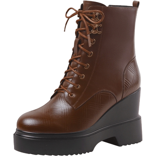 真皮棕色加绒厚底舒适坡跟短靴女2025秋冬季系带防水台高跟马丁靴