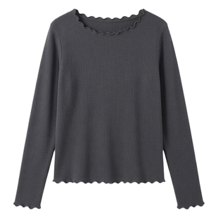 绮娑显瘦大码胖MM上衣女秋冬装新款套头木耳边长袖抗条打底针织衫