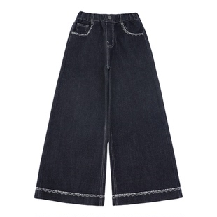 女童加绒裤子一体绒2025新款冬大童超好看酷飒净色阔腿儿童牛仔裤