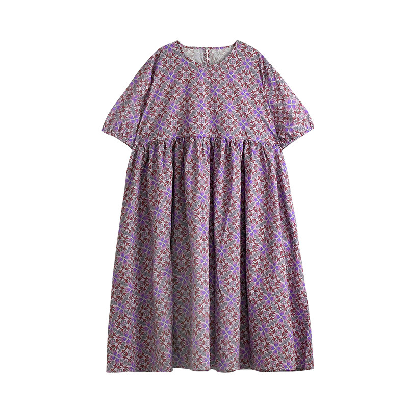 女连衣裙夏紫色全棉碎花连衣裙