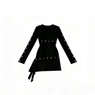 黑色炸街长袖连衣裙女2026春季新款独特设计感修身显瘦包臀短裙子