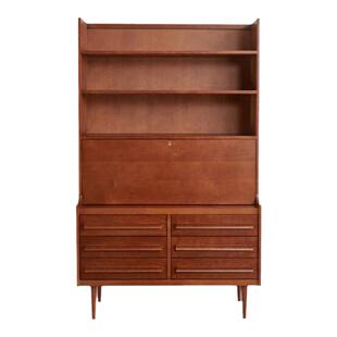 丹麦中古风樱桃木书柜靠墙北欧复古柚木色秘书柜展示书桌高餐边柜