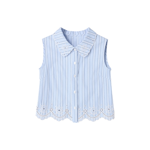 【文诗行月】Uena蓝色条纹下摆镂空绣花翻领无袖衬衫短款宽松上衣