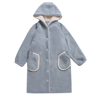 秋冬季珊瑚绒睡袍女士加厚加绒长款法兰绒浴袍连帽长袍睡衣家居服