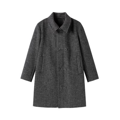 yawhat深灰色双排扣长款900g加厚羊毛呢翻领大衣小个子秋冬暖外套