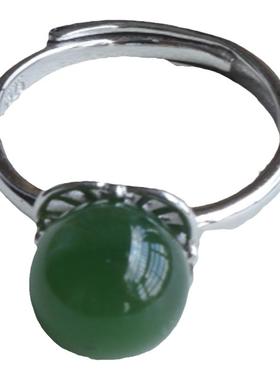 S925银托碧玉圆珠活口戒指