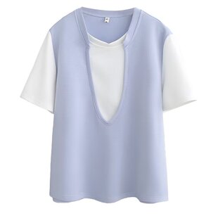 大码女装假两件撞色短袖T恤女胖mm夏季新品宽松减龄遮肉显瘦上衣