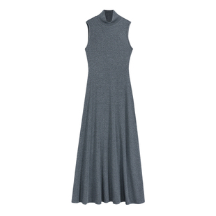 pusumede 德州日落 黑色高领长款针织连衣裙女垂坠感无袖打底长裙