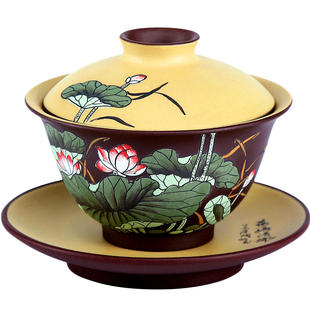 纯手工紫砂三才盖碗茶杯大号敬茶泡茶碗陶瓷功夫套装单个茶道茶具