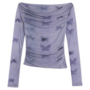 MULVAN 泰兰德少女！蝴蝶碎花一字领上衣女夏季修身网纱露肩t恤