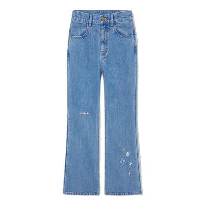 李宁女子宽松刺绣水洗运动牛仔裤