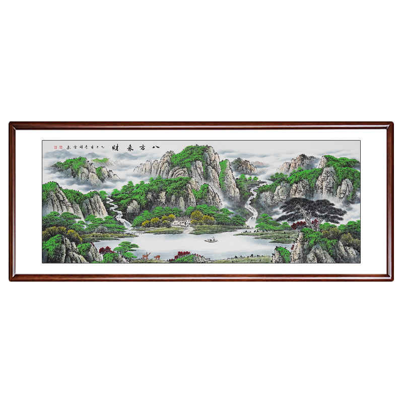 八方来财山水画手绘真迹客厅挂画招财聚宝盆办公室装饰字画风水画