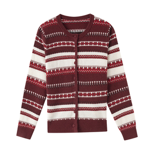 【新年臻选】春竹秋冬新款12针羊绒圆领提花长袖女士针织羊绒开衫