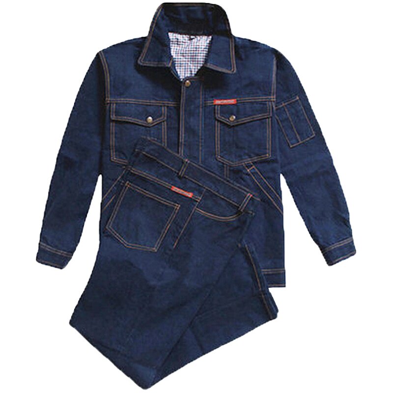 纯棉加厚牛仔工作服套装男电焊工防烫工厂车间耐磨宽松劳保服春秋