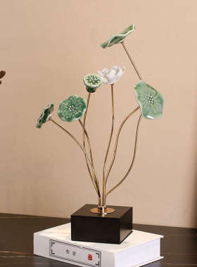 新中式荷花摆件桌面仿真花花艺轻奢陶瓷莲花中国风玄关茶室装饰品