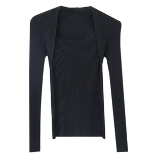 黑色针织打底衫女加厚内搭秋冬性感锁骨毛衣紧身别致方领上衣ins