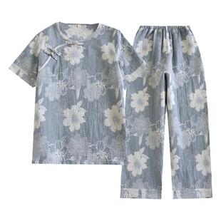 古风睡衣女夏季薄款色织纯棉双层纱布简约复古中国风短袖长裤套装