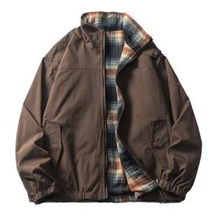 秋冬哈林顿复古格子立领双面穿美拉德教练夹克男士棉衣棉服外套