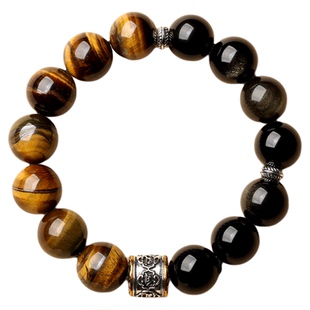 【普陀山正品】天然黄虎眼石手串男金黑曜石手链女招财本命年礼物