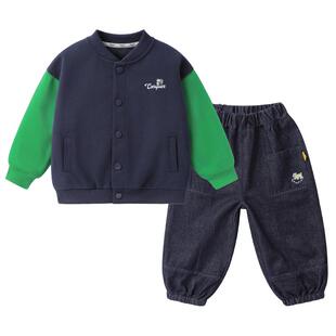 右欧儿童棒球服外套牛仔裤套装男童女童春秋季新款童装学院两件套