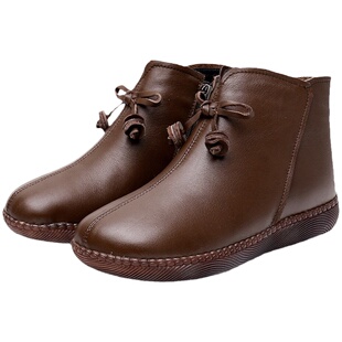 老年皮棉鞋女防滑冬鞋真皮软底妈妈靴子平底加厚加绒保暖奶奶短靴