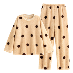 悦内睡衣女款秋冬季冬款法兰绒加绒加厚珊瑚绒保暖家居服圆领套头