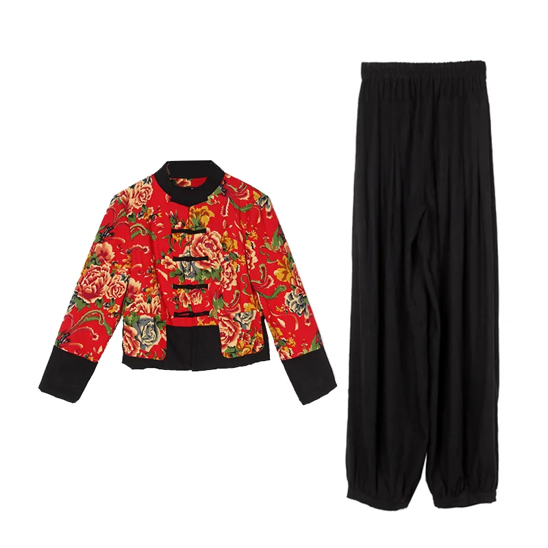 春秋东北花布民族风棉麻复古上衣灯笼裤短款时尚套装广场舞队服女