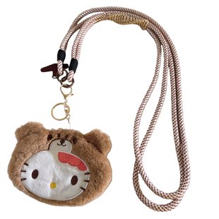 动漫卡通毛绒棕色熊头KT猫零钱包斜跨长绳适用于手机壳挂件学生网红可爱女款收纳蓝牙耳机套钥匙户外ccd挂链