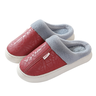 皮面情侣冬季保暖棉拖鞋