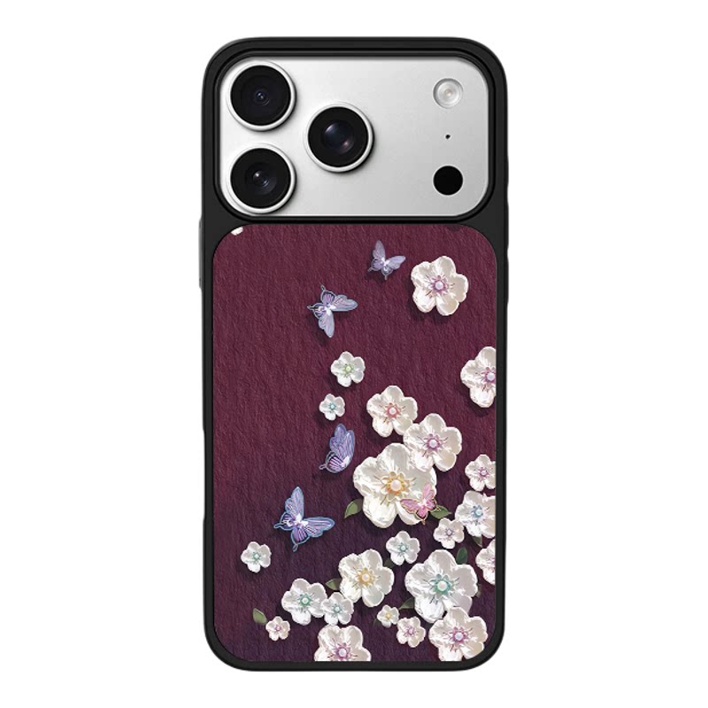 深酒立体浮雕白牡丹紫蝴蝶花卉适用于苹果17promax新款手机壳iPhone air/16pro/15plus14玻璃13pro手机套冰感